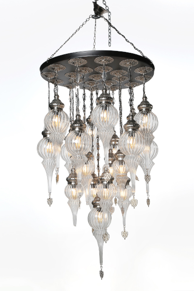 De Luxe Nickel Color Chandelier with 21 Special Pyrex Glasses